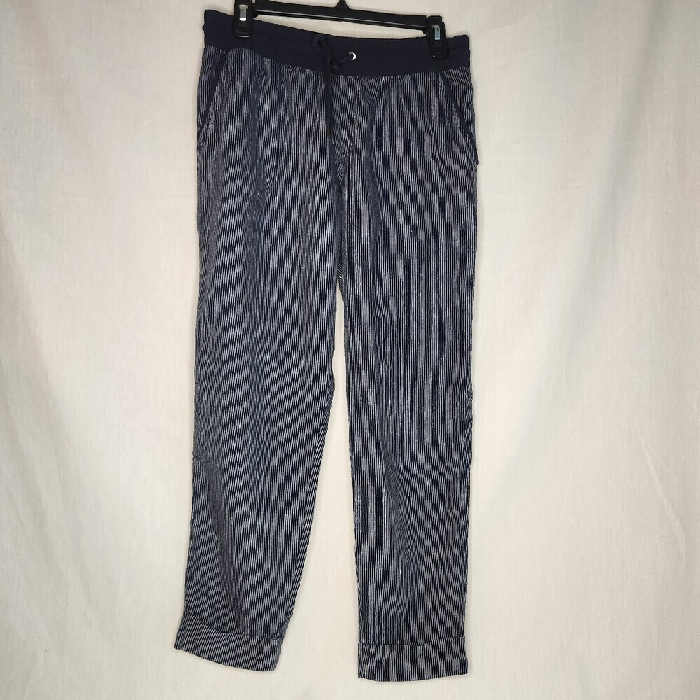 Athleta Linen Womens 10 Navy Pin Striped Ankle Pants W/Drawstring&Elastic